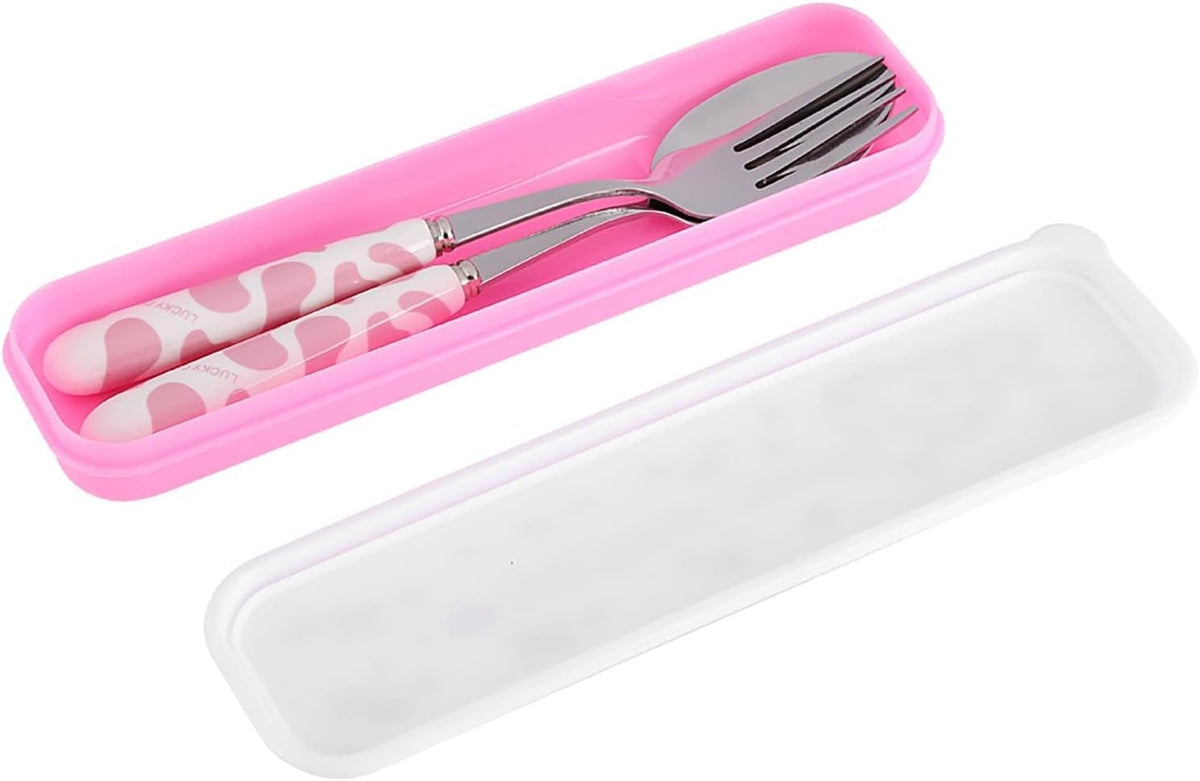 2Pcs Fork And Spoon Set, Cute Cutlery Set Stainless Steel Small Cutlery Travel Cutlery Set with Portable Storage Case for School Travel(Pink)