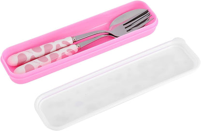 2Pcs Fork And Spoon Set, Cute Cutlery Set Stainless Steel Small Cutlery Travel Cutlery Set with Portable Storage Case for School Travel(Pink)