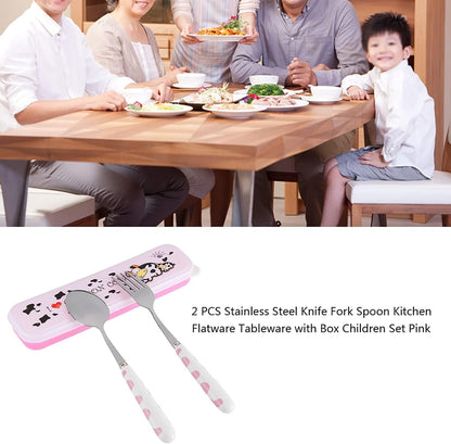 2Pcs Fork And Spoon Set, Cute Cutlery Set Stainless Steel Small Cutlery Travel Cutlery Set with Portable Storage Case for School Travel(Pink)