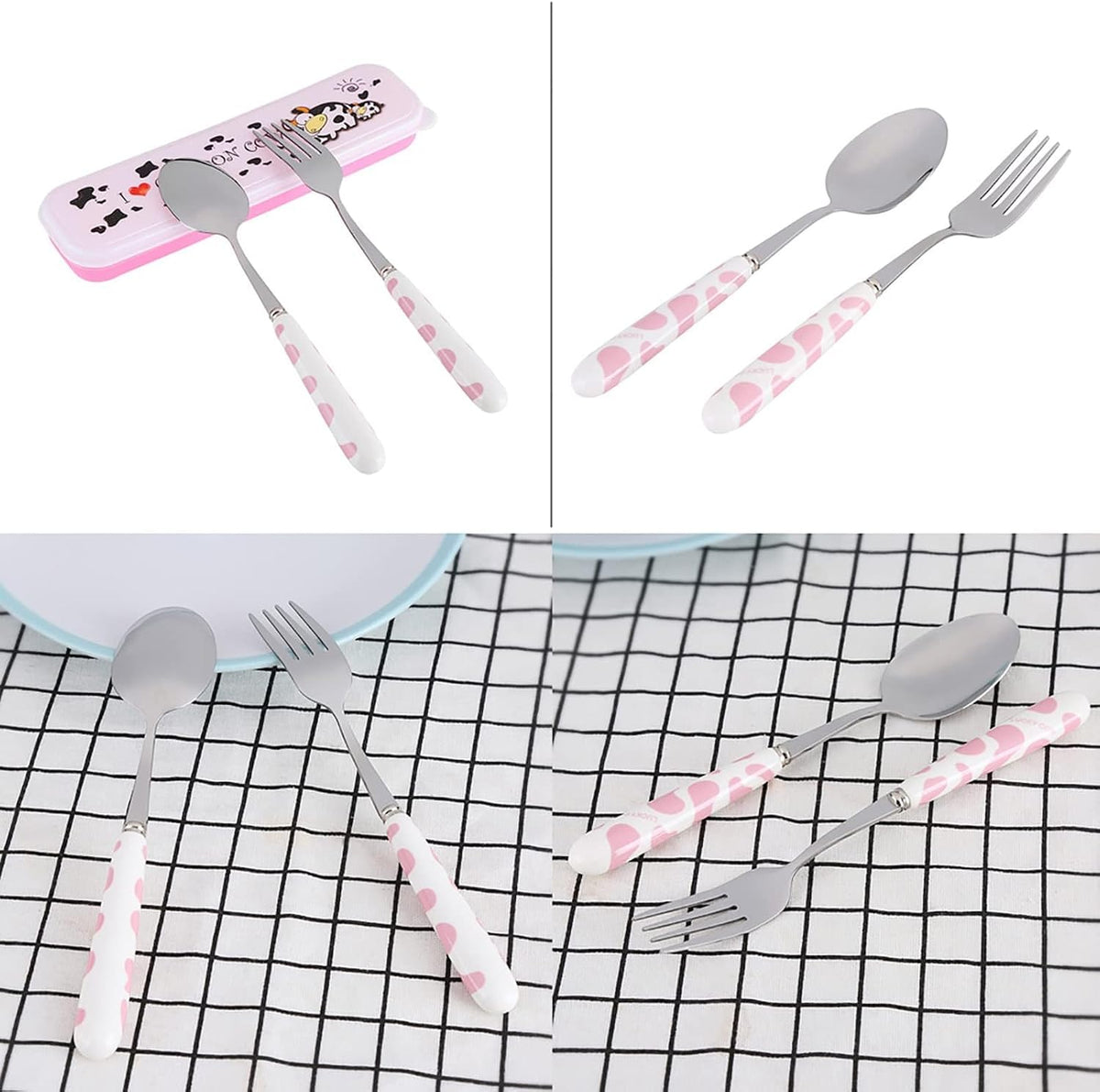 2Pcs Fork And Spoon Set, Cute Cutlery Set Stainless Steel Small Cutlery Travel Cutlery Set with Portable Storage Case for School Travel(Pink)