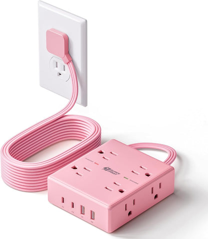 Pink Extension Cord 10Ft, Flat Plug Power Strip Surge Protector