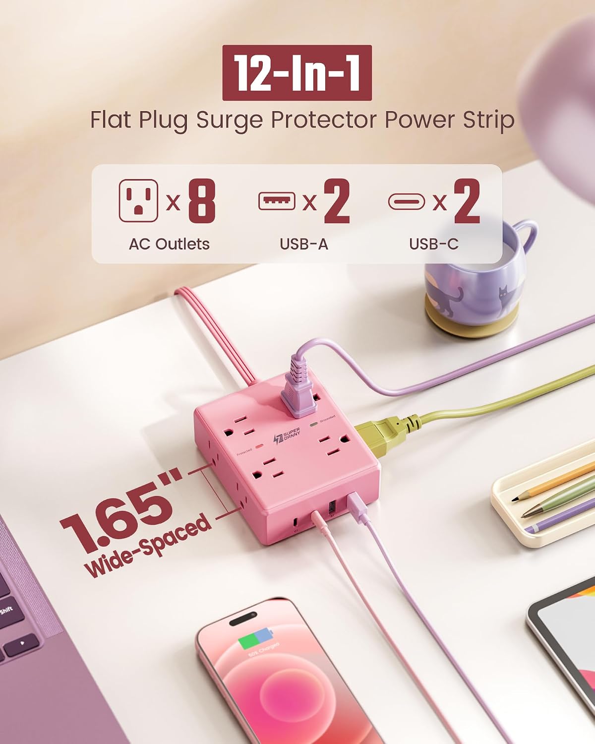 Pink Extension Cord 10Ft, Flat Plug Power Strip Surge Protector