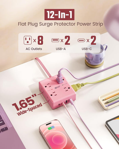 Pink Extension Cord 10Ft, Flat Plug Power Strip Surge Protector
