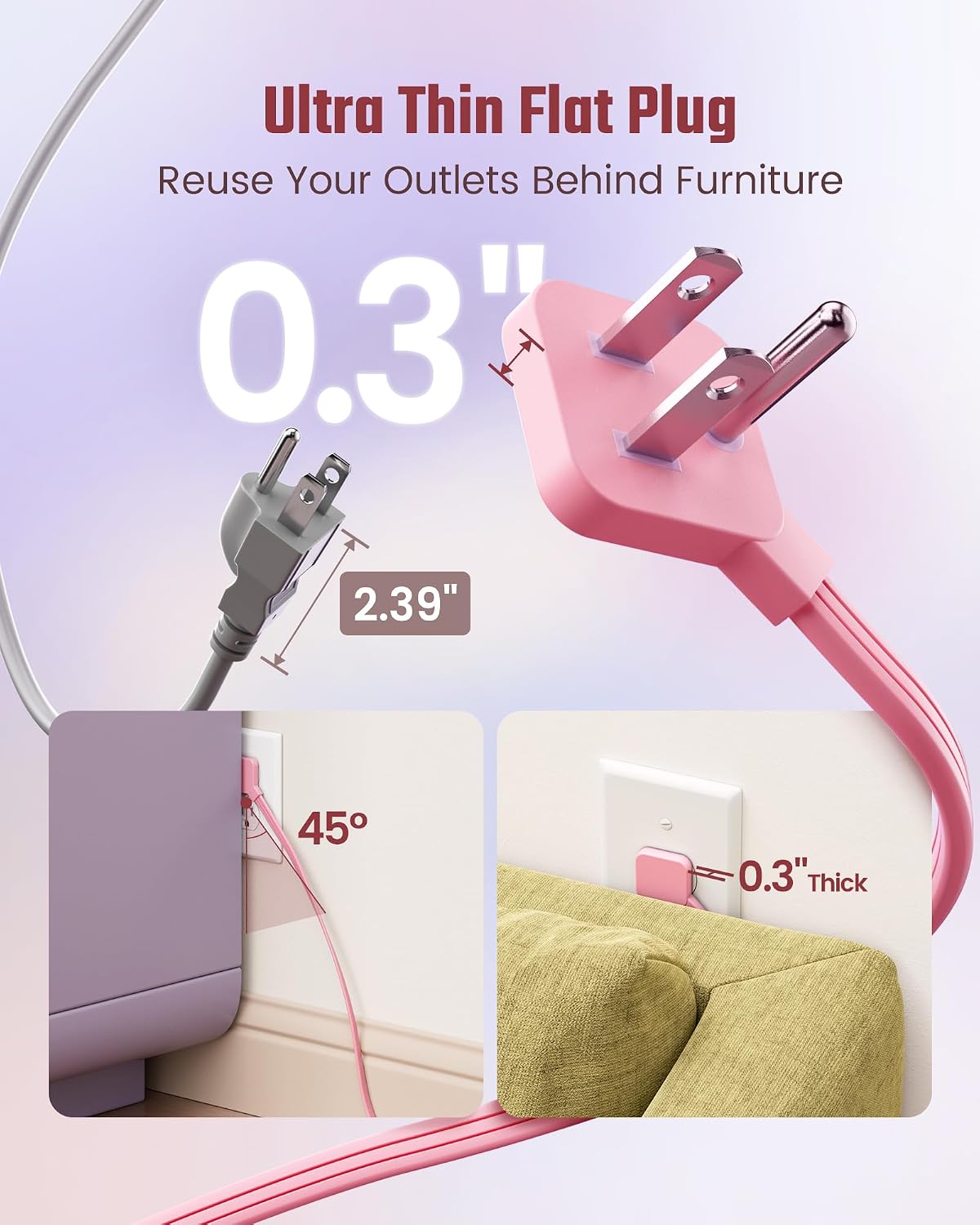 Pink Extension Cord 10Ft, Flat Plug Power Strip Surge Protector