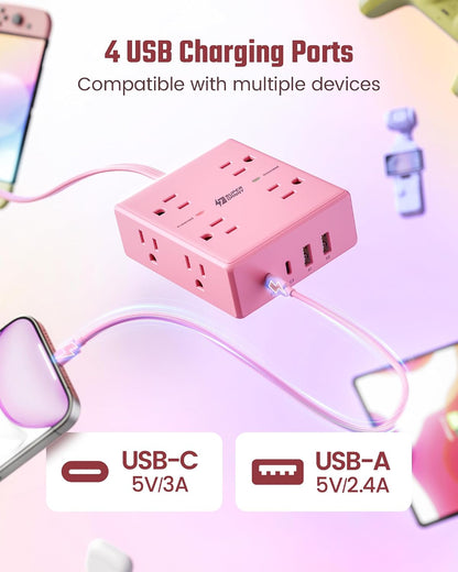 Pink Extension Cord 10Ft, Flat Plug Power Strip Surge Protector