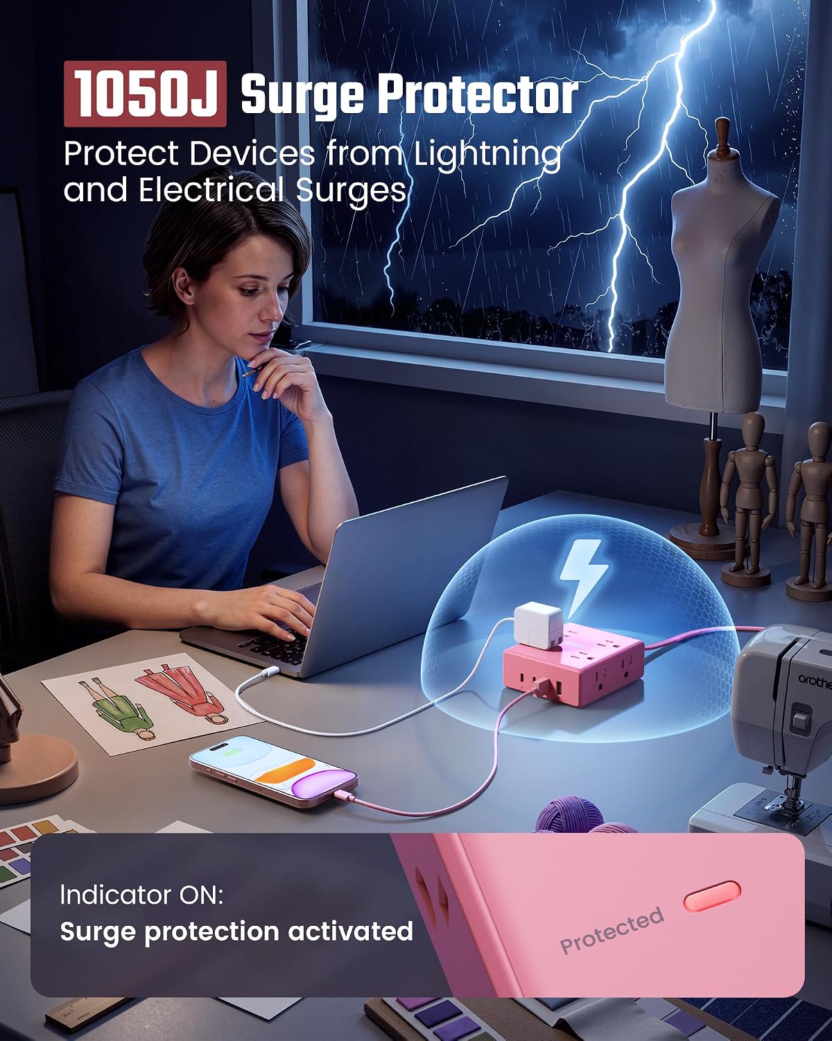 Pink Extension Cord 10Ft, Flat Plug Power Strip Surge Protector