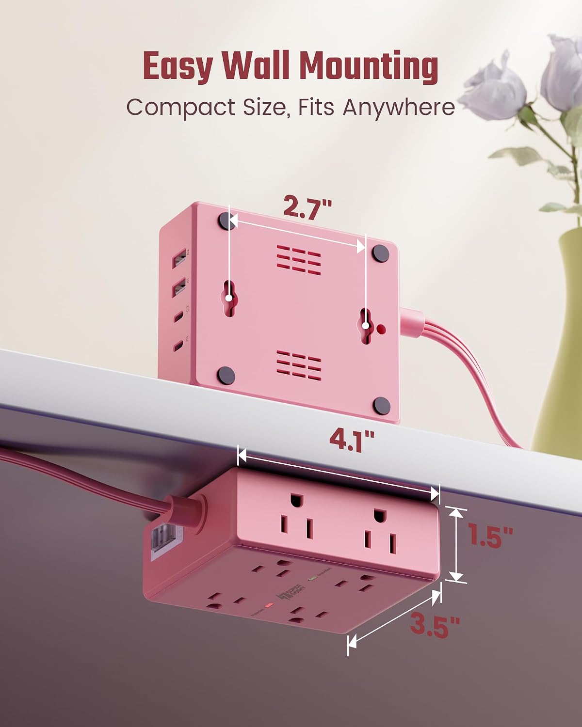 Pink Extension Cord 10Ft, Flat Plug Power Strip Surge Protector