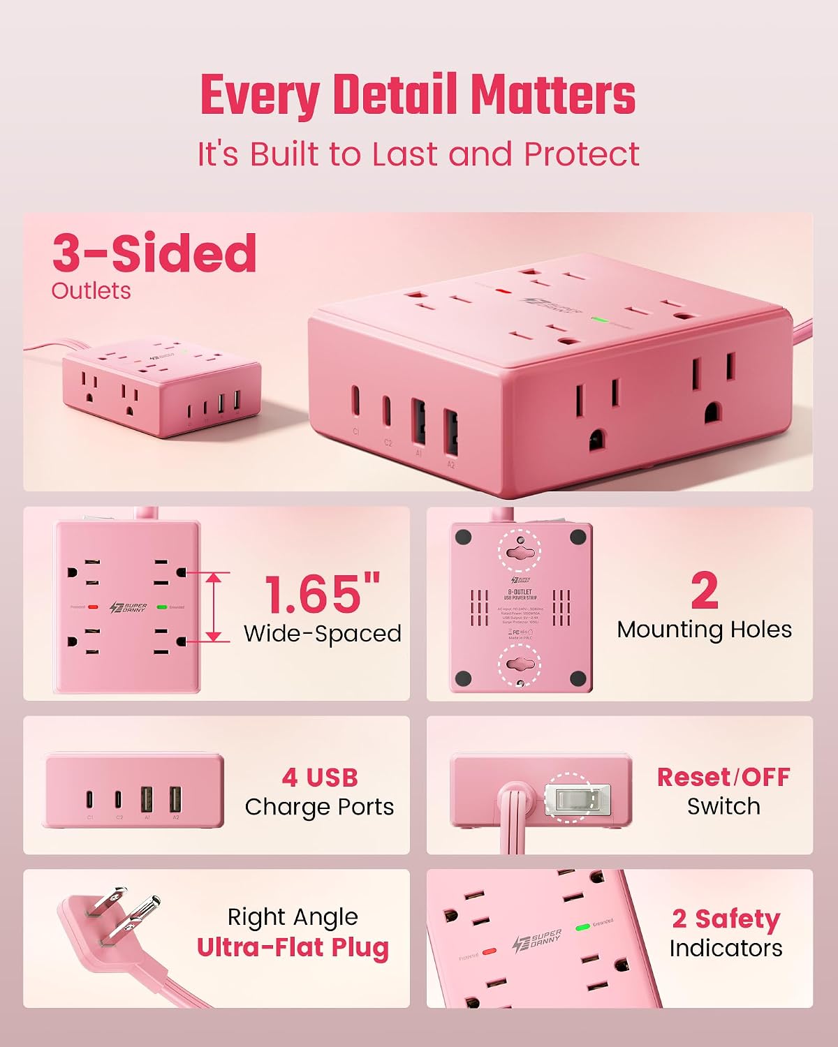 Pink Extension Cord 10Ft, Flat Plug Power Strip Surge Protector
