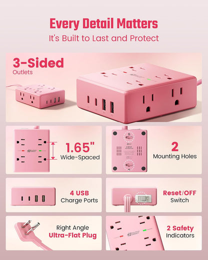 Pink Extension Cord 10Ft, Flat Plug Power Strip Surge Protector