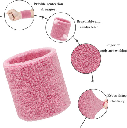 6 Pieces Sweatband Set Sports Headband Wristband Set, Moisture Wicking Athletic Sweatbands 4 Wrist Sweatband and 2 Headbands, Terry Cloth Sweat Absorbing Head Band for Workout
