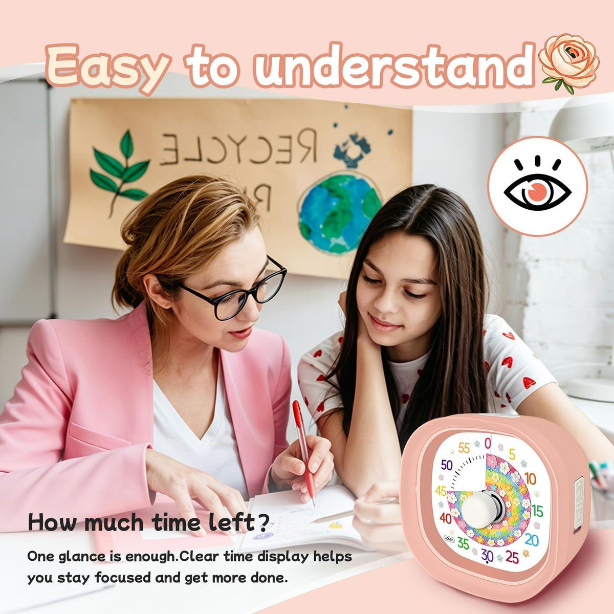 Visual Timer 60 Minute – Silent Countdown Clock Visual Timer for Kids with Color-Coded Flower Disk Battery Operated 2 Alert Modes, Classroom Must Haves Timers for Classroom Cooking, Pink