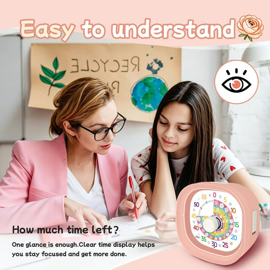 Visual Timer 60 Minute – Silent Countdown Clock Visual Timer for Kids with Color-Coded Flower Disk Battery Operated 2 Alert Modes, Classroom Must Haves Timers for Classroom Cooking, Pink
