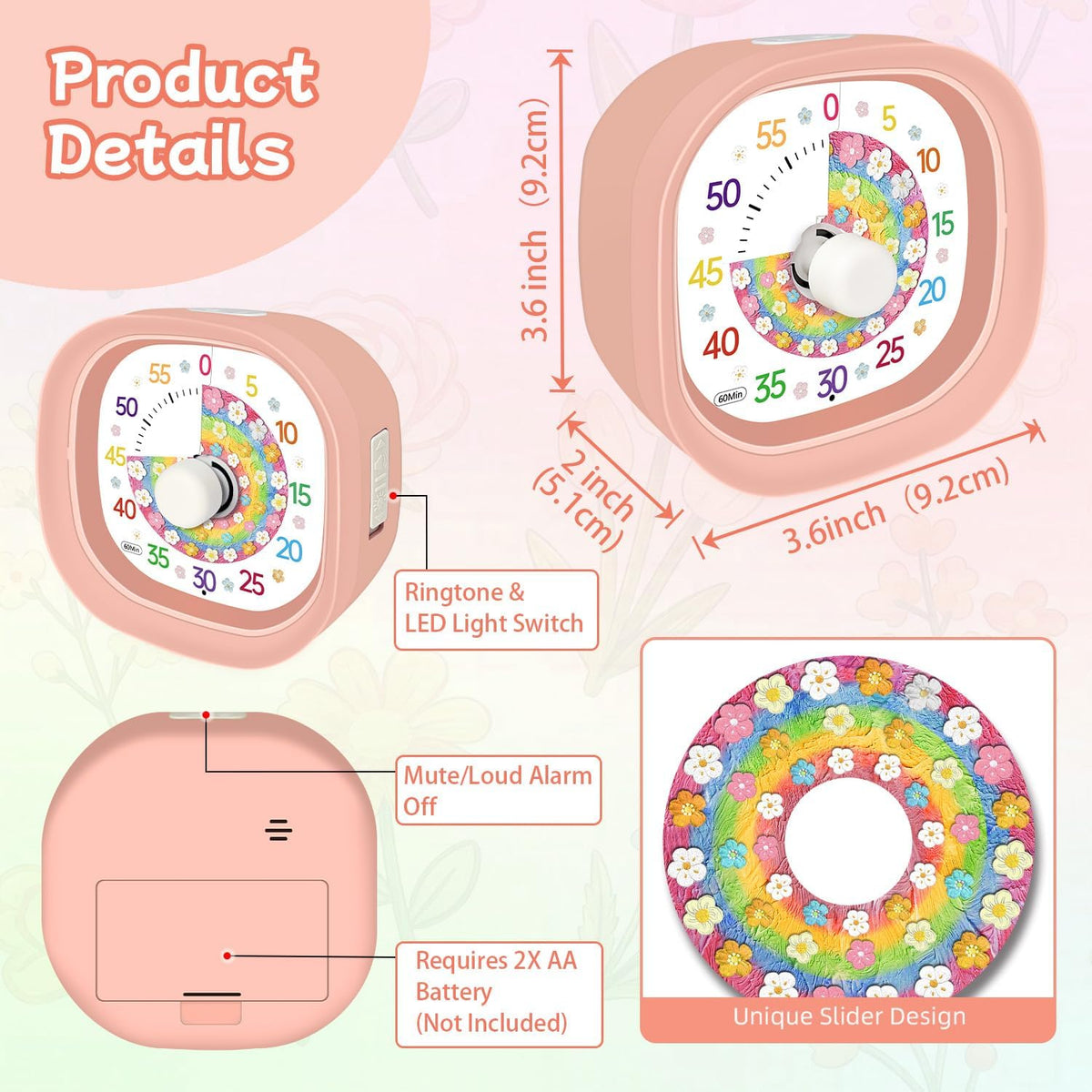 Visual Timer 60 Minute – Silent Countdown Clock Visual Timer for Kids with Color-Coded Flower Disk Battery Operated 2 Alert Modes, Classroom Must Haves Timers for Classroom Cooking, Pink