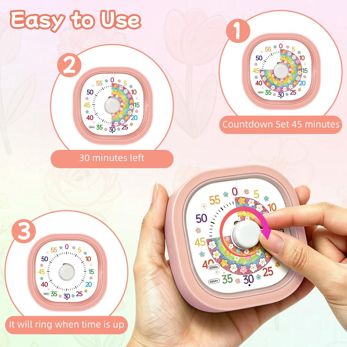 Visual Timer 60 Minute – Silent Countdown Clock Visual Timer for Kids with Color-Coded Flower Disk Battery Operated 2 Alert Modes, Classroom Must Haves Timers for Classroom Cooking, Pink
