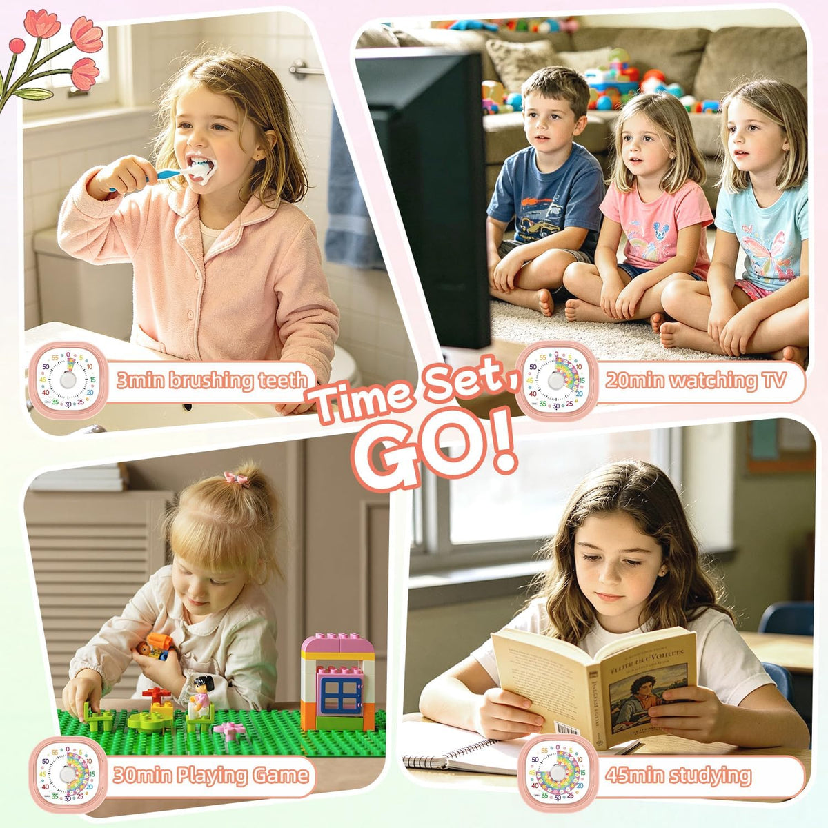 Visual Timer 60 Minute – Silent Countdown Clock Visual Timer for Kids with Color-Coded Flower Disk Battery Operated 2 Alert Modes, Classroom Must Haves Timers for Classroom Cooking, Pink