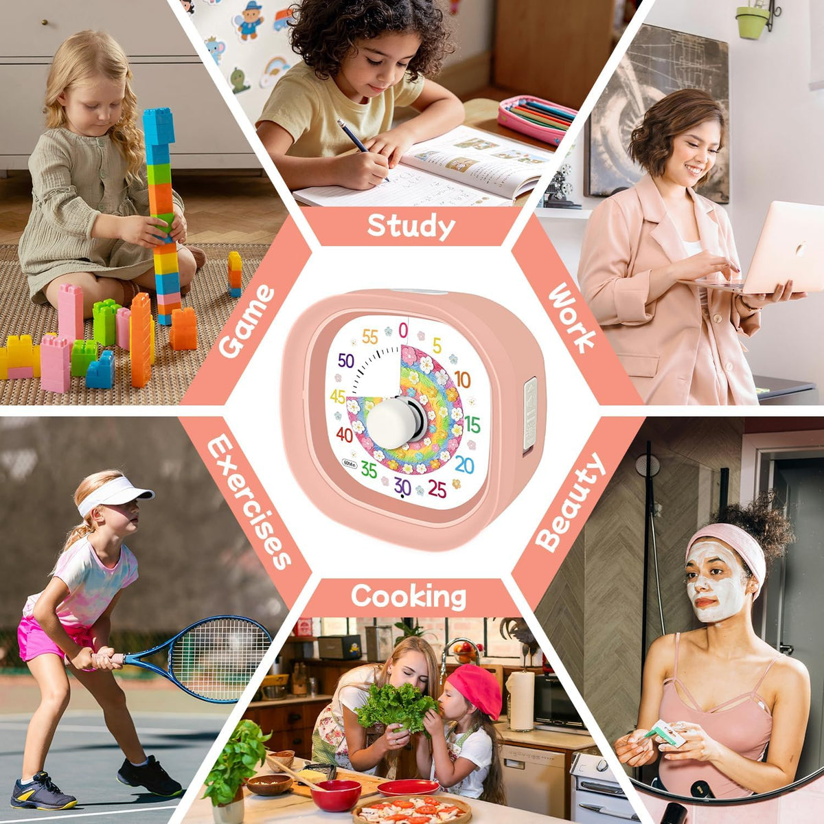 Visual Timer 60 Minute – Silent Countdown Clock Visual Timer for Kids with Color-Coded Flower Disk Battery Operated 2 Alert Modes, Classroom Must Haves Timers for Classroom Cooking, Pink
