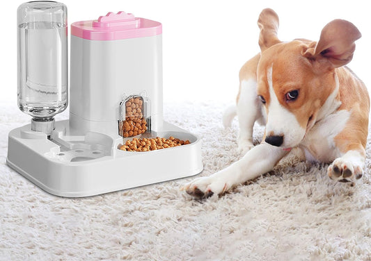 Automatic Dog Cat Feeder and Water Dispenser Set, Pet Food Feeder and Waterer with Integrated Food Basin for Dogs Cats Pet Animals, 1-10L Capacity (Pink)
