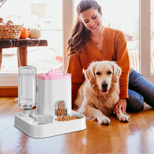 Automatic Dog Cat Feeder and Water Dispenser Set, Pet Food Feeder and Waterer with Integrated Food Basin for Dogs Cats Pet Animals, 1-10L Capacity (Pink)