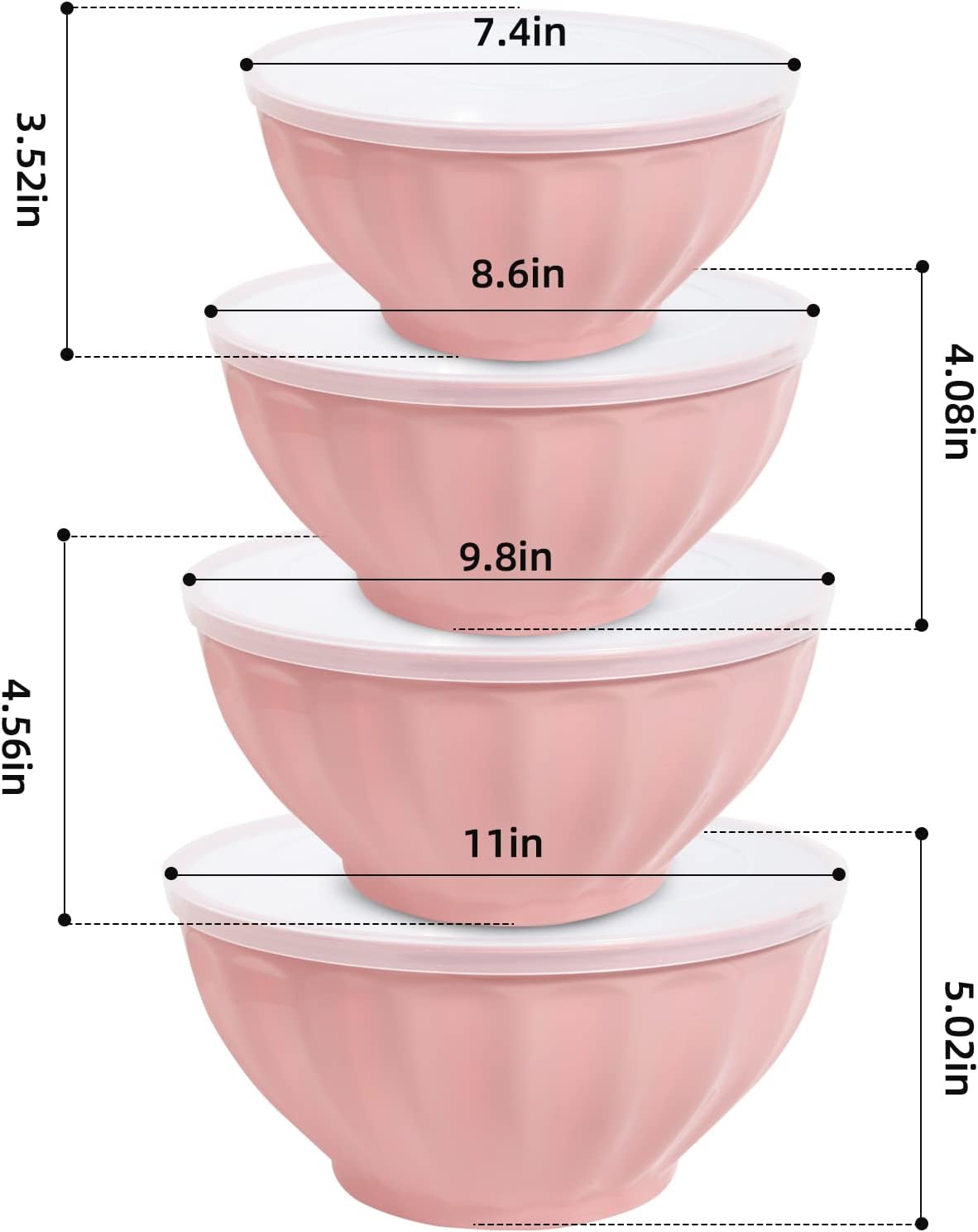 Mixing Bowls with Lids Set,4 Piece Large Plastic Nesting Bowls,Includes 4 Microwave safe Mixing Bowl and An Egg Whisk for Kitchen Prepping,Baking,Cooking Food, Pink
