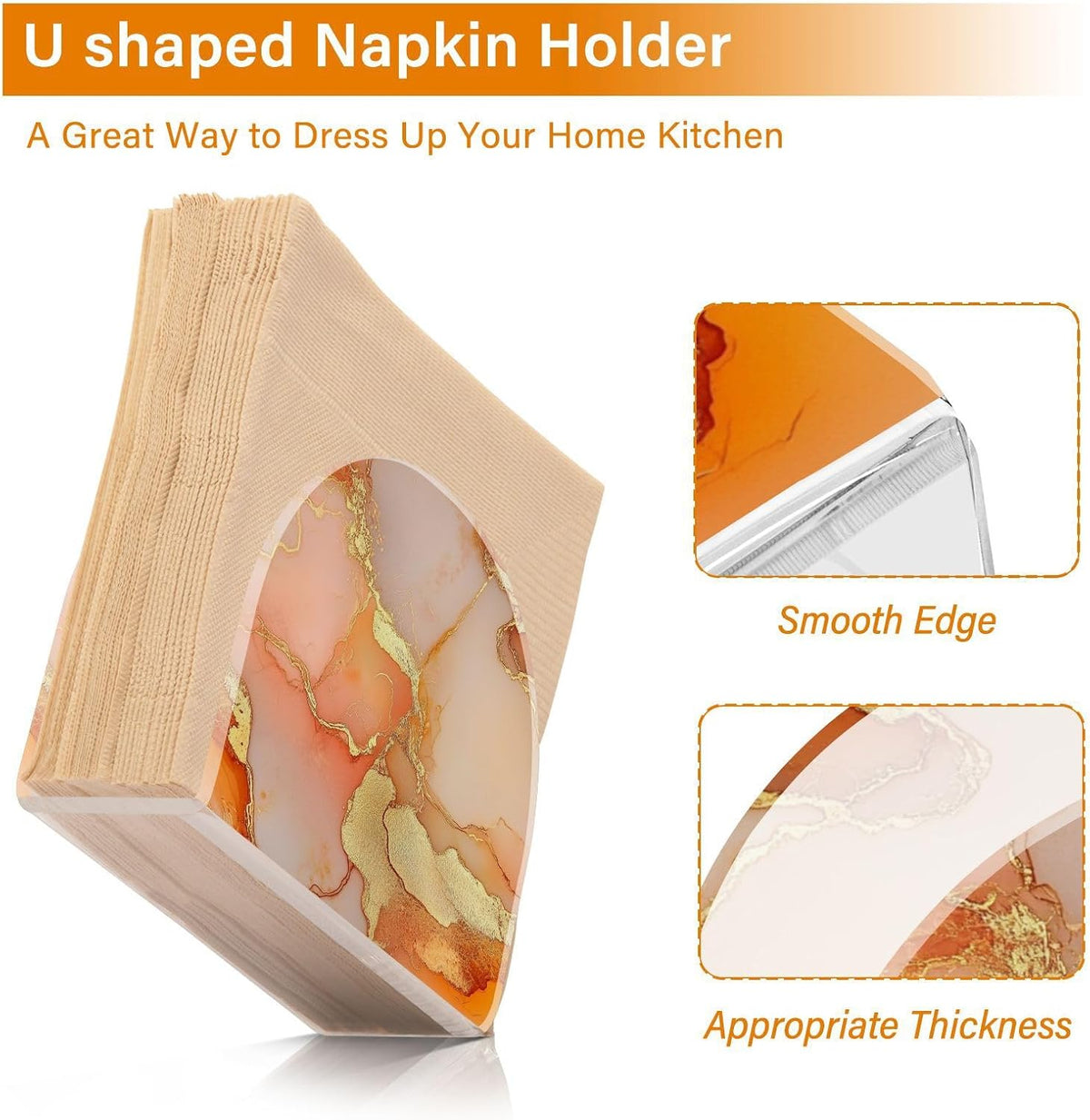 Napkin Caddy for Tabletop 1 Pack 4mm Thick Acrylic U-Shaped Design Luncheon & Cocktail Napkin Holder Kitchen & Dining Table Decorative Tabletop Accessory Marble Gold Peach