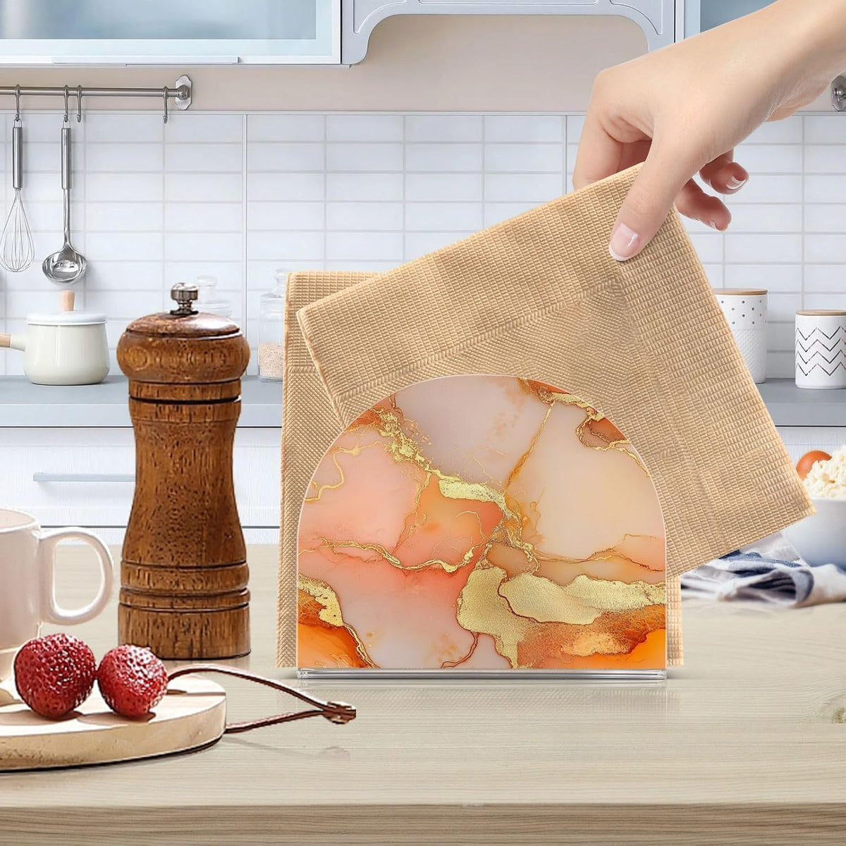 Napkin Caddy for Tabletop 1 Pack 4mm Thick Acrylic U-Shaped Design Luncheon & Cocktail Napkin Holder Kitchen & Dining Table Decorative Tabletop Accessory Marble Gold Peach