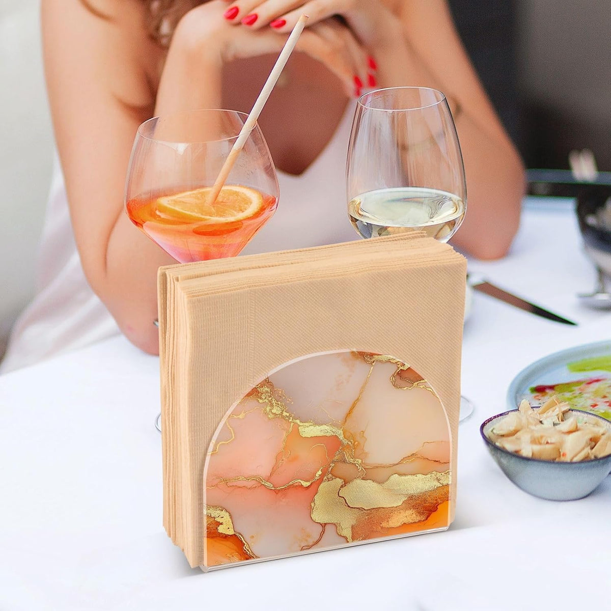 Napkin Caddy for Tabletop 1 Pack 4mm Thick Acrylic U-Shaped Design Luncheon & Cocktail Napkin Holder Kitchen & Dining Table Decorative Tabletop Accessory Marble Gold Peach