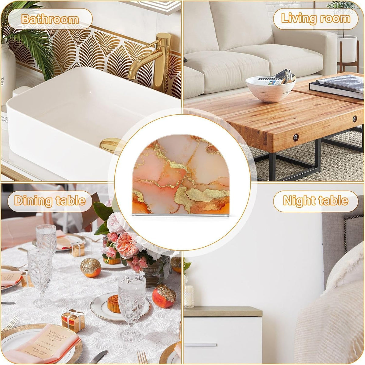 Napkin Caddy for Tabletop 1 Pack 4mm Thick Acrylic U-Shaped Design Luncheon & Cocktail Napkin Holder Kitchen & Dining Table Decorative Tabletop Accessory Marble Gold Peach