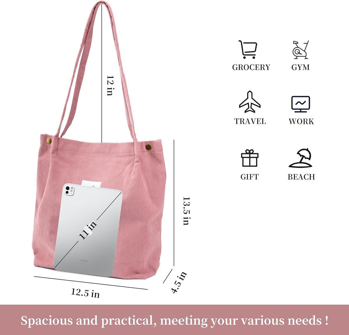 Cute Corduroy Tote Bag Canvas Shoulder Handbags for Women Travel Shopping