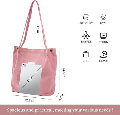Cute Corduroy Tote Bag Canvas Shoulder Handbags for Women Travel Shopping