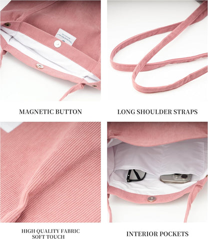 Cute Corduroy Tote Bag Canvas Shoulder Handbags for Women Travel Shopping