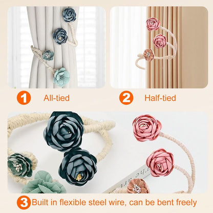 2 Packs Handmade Artificial Flower Curtain Holdbacks Clips, Flexible Curtain Tiebacks Clips Twist Bough Flower Curtain Tie Back (2, Pink)