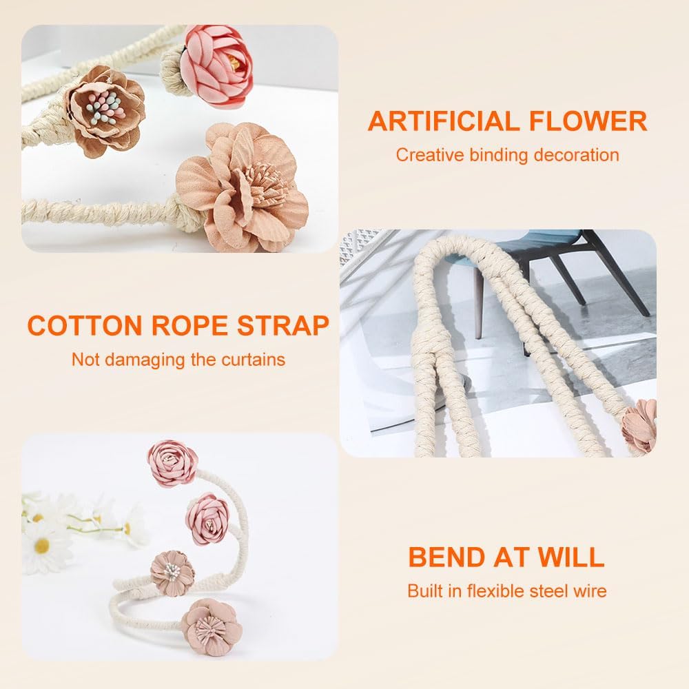 2 Packs Handmade Artificial Flower Curtain Holdbacks Clips, Flexible Curtain Tiebacks Clips Twist Bough Flower Curtain Tie Back (2, Pink)
