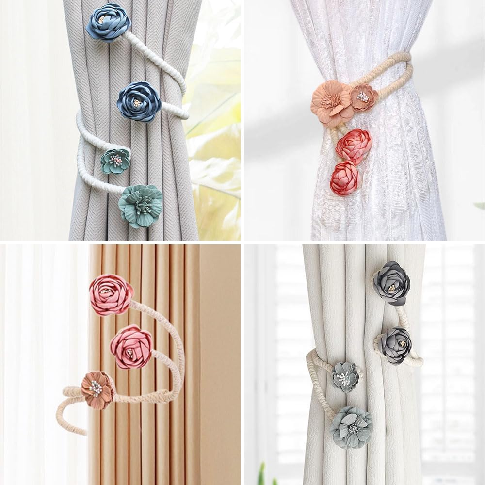 2 Packs Handmade Artificial Flower Curtain Holdbacks Clips, Flexible Curtain Tiebacks Clips Twist Bough Flower Curtain Tie Back (2, Pink)