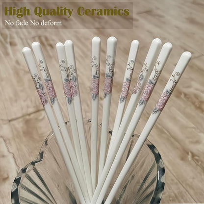 Ceramic Chopsticks 5 Pairs,Pink Peonie,Reusable Porcelain Chop Sticks