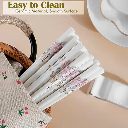 Ceramic Chopsticks 5 Pairs,Pink Peonie,Reusable Porcelain Chop Sticks