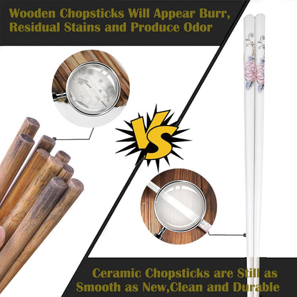 Ceramic Chopsticks 5 Pairs,Pink Peonie,Reusable Porcelain Chop Sticks