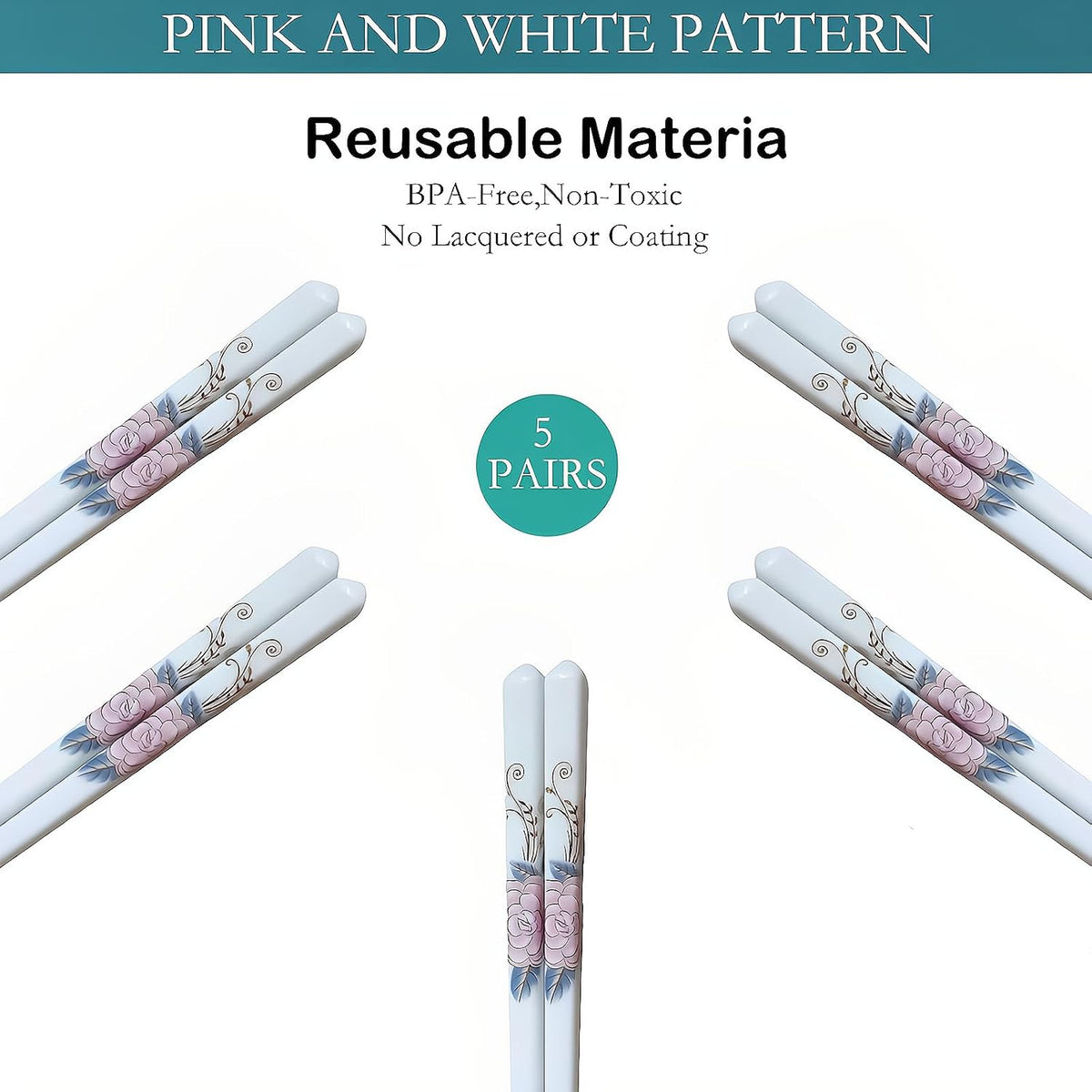 Ceramic Chopsticks 5 Pairs,Pink Peonie,Reusable Porcelain Chop Sticks