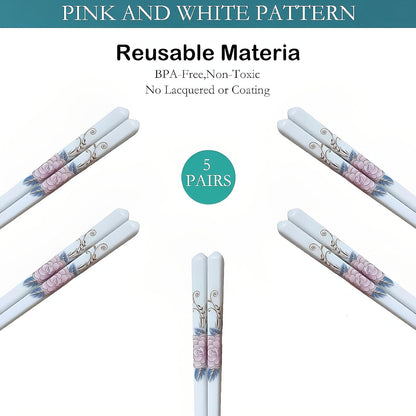Ceramic Chopsticks 5 Pairs,Pink Peonie,Reusable Porcelain Chop Sticks