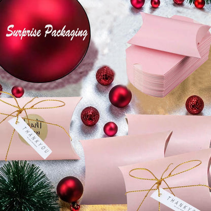 50 Pcs Kraft Paper Pillow Gift Boxes,3.5x2.6 Inch Mini Folding Treat Boxes, Creative Favor Box Folding Treat Boxes for Bakery, Candy, Jewelry, Wedding & Party Favors(Pink-1)