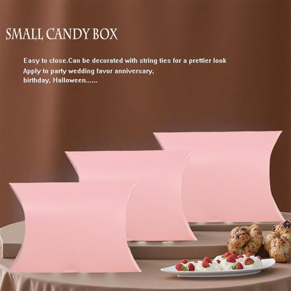 50 Pcs Kraft Paper Pillow Gift Boxes,3.5x2.6 Inch Mini Folding Treat Boxes, Creative Favor Box Folding Treat Boxes for Bakery, Candy, Jewelry, Wedding & Party Favors(Pink-1)
