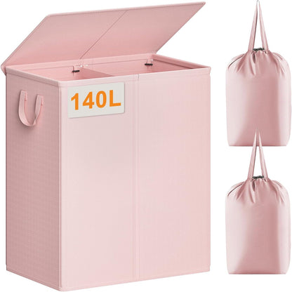 Double Laundry Hamper with Lid, 140L Laundry Basket 2 Section