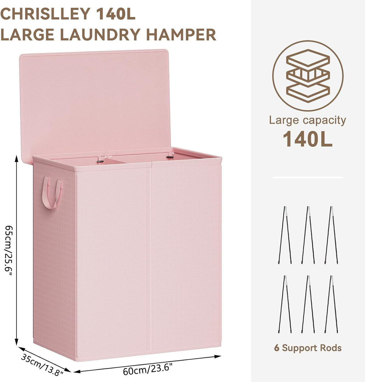 Double Laundry Hamper with Lid, 140L Laundry Basket 2 Section