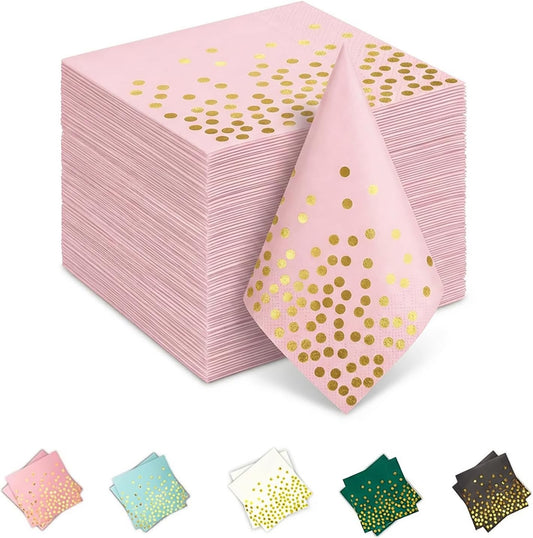Stylish Paper Napkins 100 Packs,6.5" Pink Paper Napkins with Gold Polka Dots Design,Great Cocktail Napkins,Dinner Napkins Disposable for Labor day Wedding Birthday Party or Daily Use