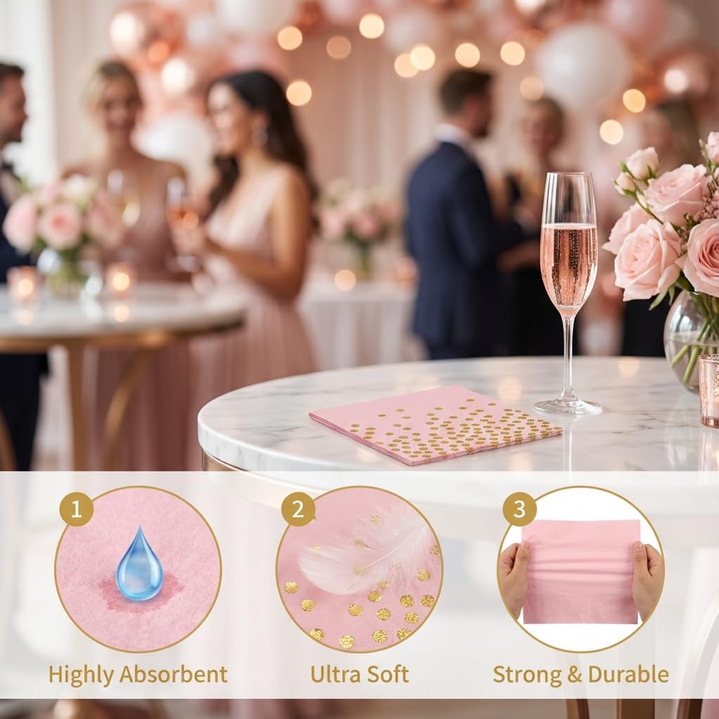 Stylish Paper Napkins 100 Packs,6.5" Pink Paper Napkins with Gold Polka Dots Design,Great Cocktail Napkins,Dinner Napkins Disposable for Labor day Wedding Birthday Party or Daily Use