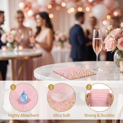 Stylish Paper Napkins 100 Packs,6.5" Pink Paper Napkins with Gold Polka Dots Design,Great Cocktail Napkins,Dinner Napkins Disposable for Labor day Wedding Birthday Party or Daily Use