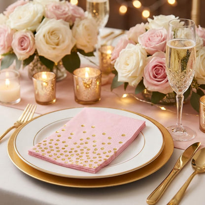 Stylish Paper Napkins 100 Packs,6.5" Pink Paper Napkins with Gold Polka Dots Design,Great Cocktail Napkins,Dinner Napkins Disposable for Labor day Wedding Birthday Party or Daily Use