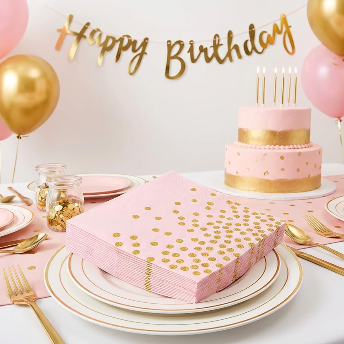 Stylish Paper Napkins 100 Packs,6.5" Pink Paper Napkins with Gold Polka Dots Design,Great Cocktail Napkins,Dinner Napkins Disposable for Labor day Wedding Birthday Party or Daily Use