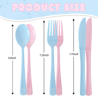 150 Pack Plastic Silverware,Disposable Cutlery Set Heavy Duty Utensil Sets 50 Forks 50 Knives 50 Spoons for Birthday, Wedding,Party,Picnics Restaurant Outdoor Events (Light Blue and Pink)