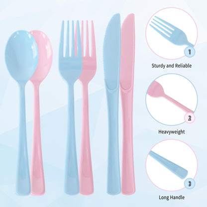 150 Pack Plastic Silverware,Disposable Cutlery Set Heavy Duty Utensil Sets 50 Forks 50 Knives 50 Spoons for Birthday, Wedding,Party,Picnics Restaurant Outdoor Events (Light Blue and Pink)