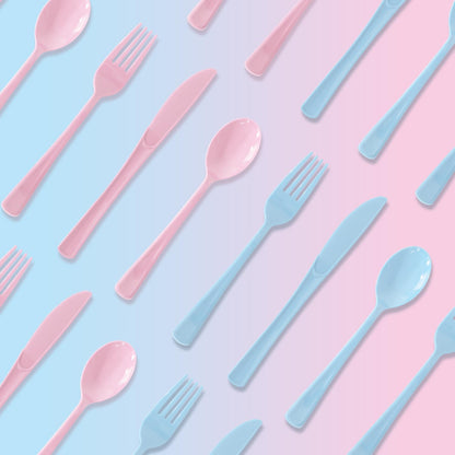 150 Pack Plastic Silverware,Disposable Cutlery Set Heavy Duty Utensil Sets 50 Forks 50 Knives 50 Spoons for Birthday, Wedding,Party,Picnics Restaurant Outdoor Events (Light Blue and Pink)